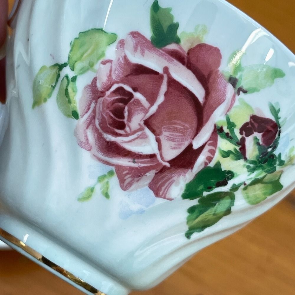 Vintage Queen Anne Tea Cup & Saucer Set Pastel Green w Pink Roses Numbered - Picture 9 of 12